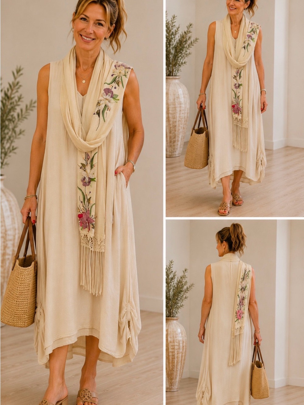 Cream Floral-Embroidered Mexican Maxi Dress with Scarf